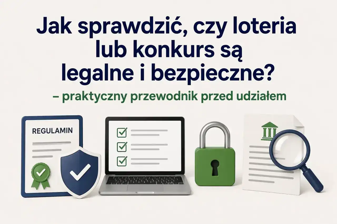 Lottomat i zagraniczne loterie: dlaczego korzystanie z nich jest ryzykowne? Obrazek pokazuje regulamin, tarczę ochronną, laptop z listą kontrolną, zieloną kłódkę i dokument z lupą.