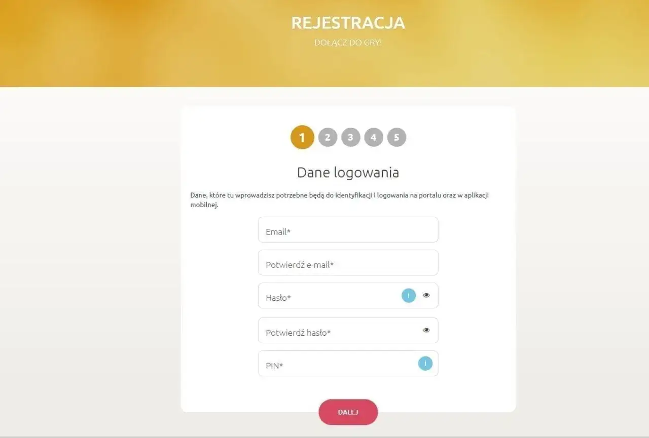 Formularz rejestracji do gry w lotto online. Wpisz dane logowania: e-mail, hasło i PIN.