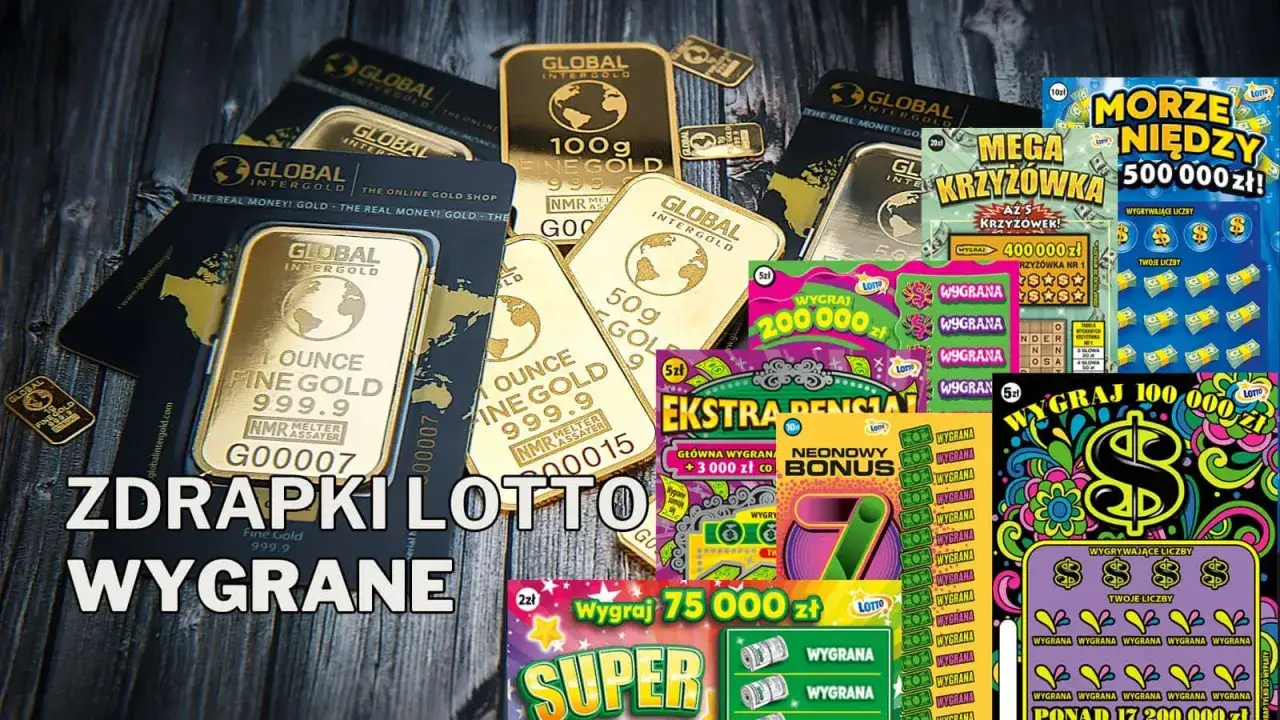 Złote sztabki i kolorowe zdrapki lotto z hasłem 