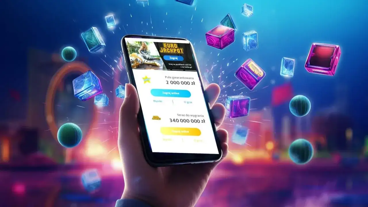 Aplikacja Lotto pokazuje zniżki i promocje na zakłady, jak łowić okazje. Wirtualne kostki i kule unoszą się wokół telefonu.