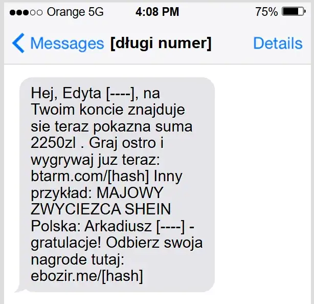 fałszywy sms loteria oszustwo przykłady