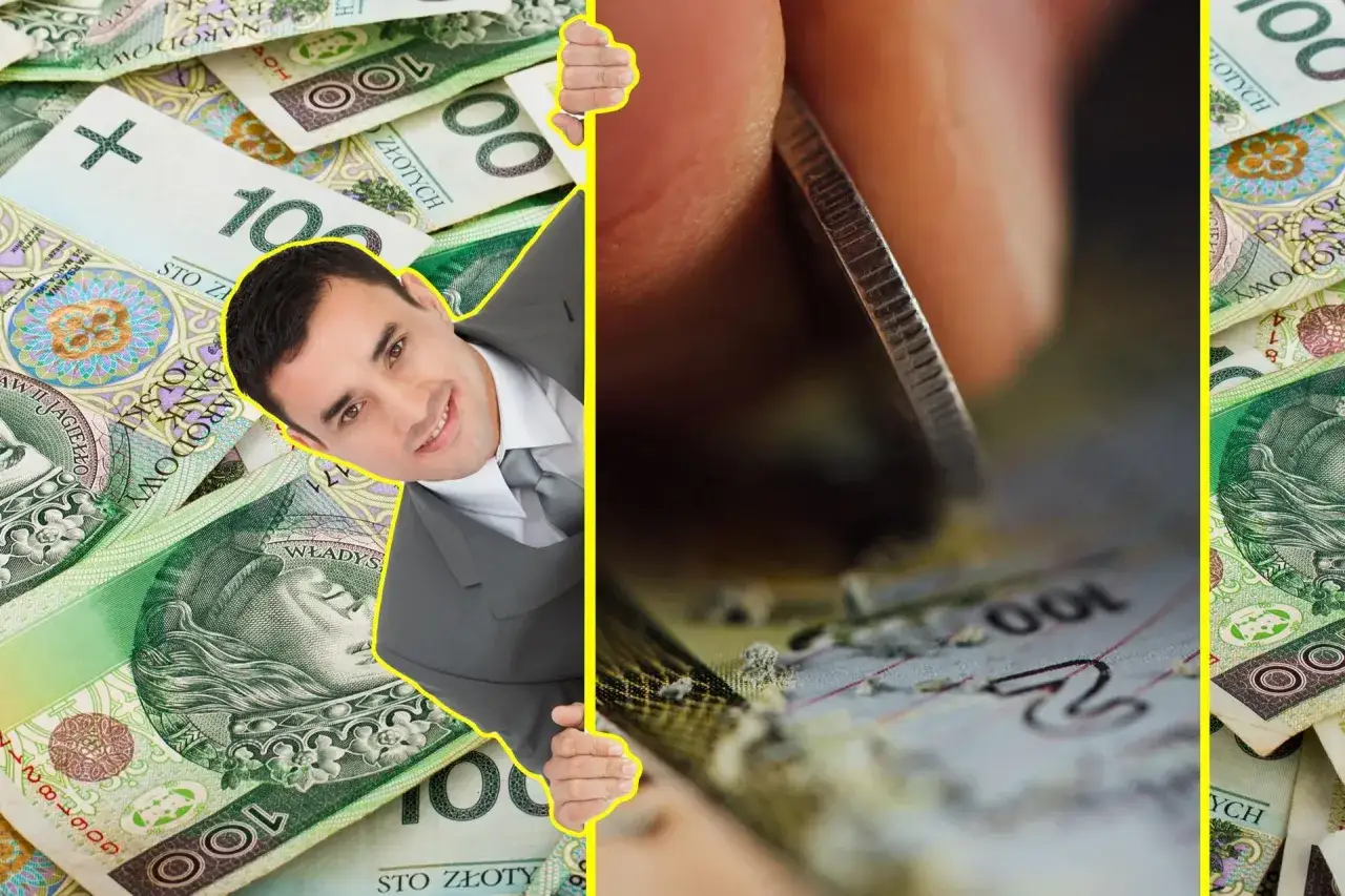 Uśmiechnięty mężczyzna w garniturze na tle banknotów 100 zł. Obok moneta zdrapująca zdrapki lotto ranking.