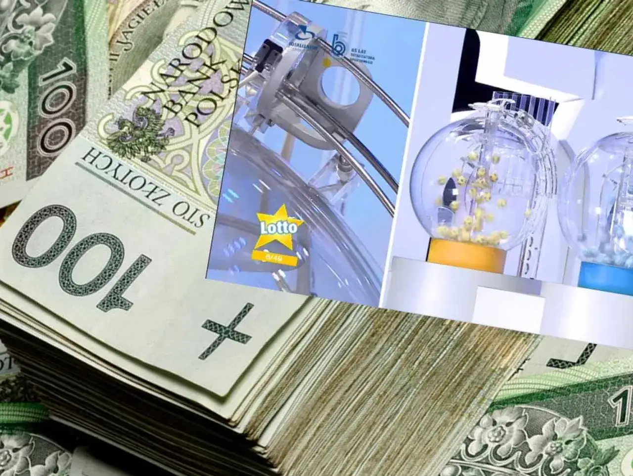 Stos banknotów 100 zł i maszyna losująca Lotto. Co się opłaca: ekstra pensja, wypłata z góry czy miesięczne raty?