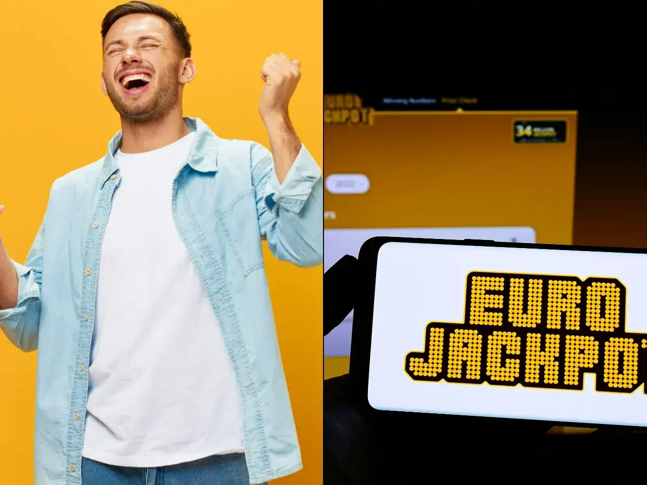 Radość gracza i ekran telefonu z napisem EUROJACKPOT. Sprawdź, do której godziny można grać!