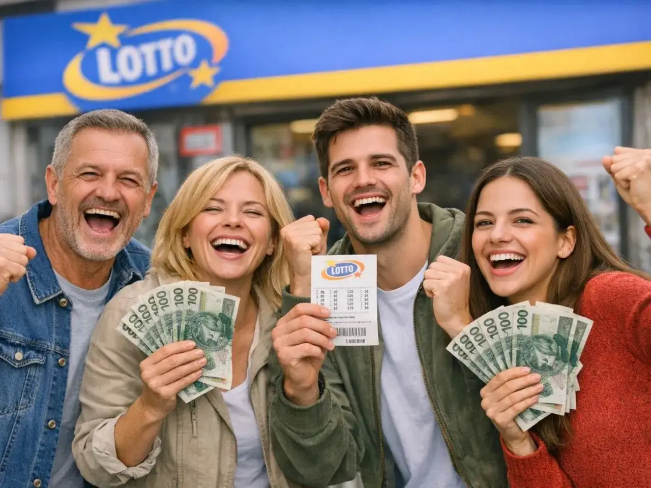 Szczęśliwi gracze świętują wygraną w lotto! Zastanawiasz się, jak sporządzić umowę syndykatu? Oto oni, z kuponem i pieniędzmi!