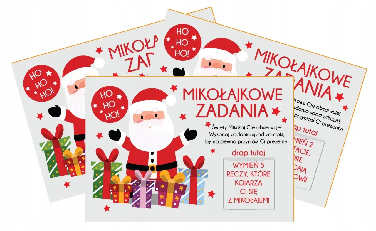Świąteczne lotto zdrapki z Mikołajem i prezentami. Wykonaj zadania, a Mikołaj na pewno przyniesie Ci prezenty!