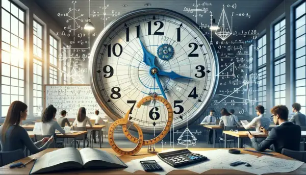 Klasa rozwiązuje zagadki z wykorzystaniem zegara, jak obliczyć kąty między wskazówkami. W tle wzory matematyczne.
