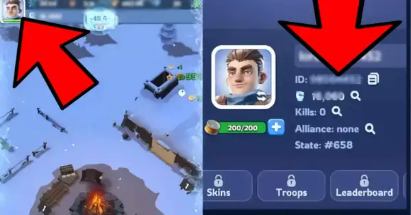 Gra strategiczna z zimowym motywem, gdzie zdobywasz nagrody za kody. Widoczny profil gracza i mapa z zasobami.