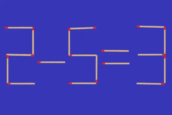 Zagadki matematyczne z zapałkami: 2-5=3. Jak znaleźć schemat? Liczby ułożone z zapałek na niebieskim tle.