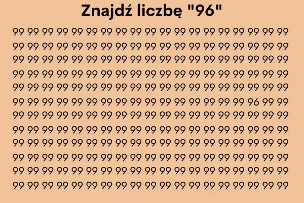 Zagraj w grę: zagadki na spostrzegawczość ukryte obiekty i iluzje optyczne. Znajdź liczbę "96" wśród wielu dziewiątek.