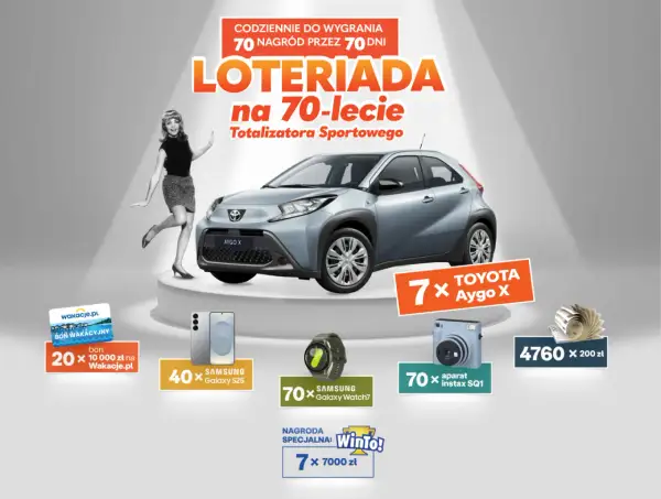 Loteriada Lotto: jak zarejestrować kod z kuponu i jakie są nagrody? Do wygrania Toyota Aygo X, Samsungi, aparaty Instax i bony wakacyjne.