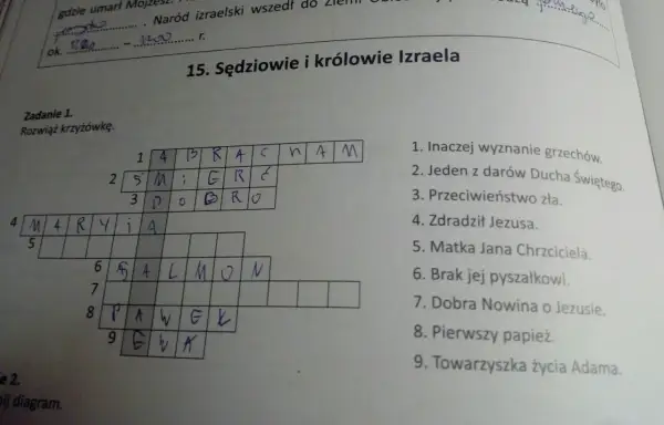 Rozwiązana krzyżówka biblijna, gdzie zasady układania diagramu krzyżówki, dbanie o symetrię i czarne pola są kluczowe.