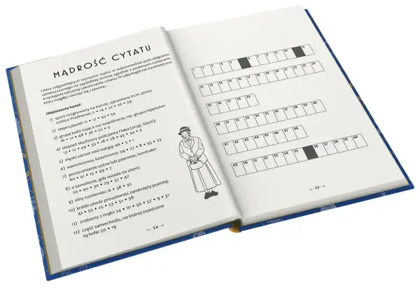 Zagadki detektywistyczne schematy dedukcji Agathy Christie. Książka z krzyżówką i ilustracją postaci w kapeluszu.