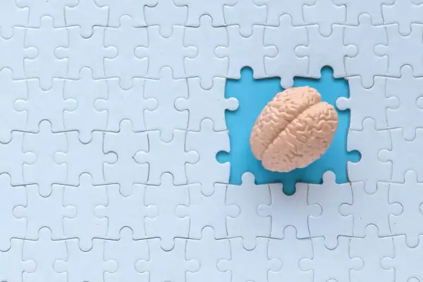 Model mózgu w wyciętym fragmencie białej układanki. Czy rozwiązywanie krzyżówek naprawdę chroni przed chorobą Alzheimera?