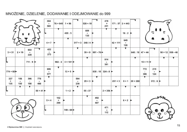 Krzyżówki matematyczne dla dzieci sprawdzony sposób na logiczne myślenie. Plansza z zadaniami arytmetycznymi i wizerunkami zwierząt.