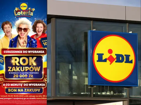Plakat Lidla zaprasza do loterii z nagrodami, w tym rokiem zakupów. Regulamin loterii Lidl dostępny na stronie.