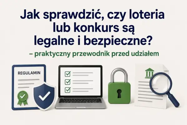 Jak sprawdzić, czy organizator internetowej loterii ma oficjalne zezwolenie izby? Grafika pokazuje regulamin, laptop z listą, kłódkę i dokument z lupą.