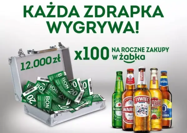 Walizka pełna bonów na zakupy w Żabce, symbolizująca wyczerpaną pulę zdrapki. 100 x 12.000 zł na roczne zakupy.