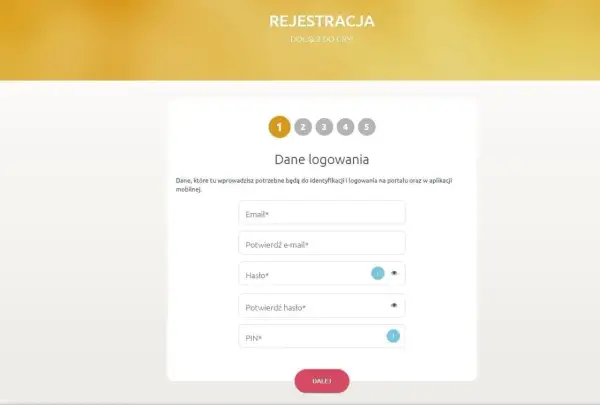 Formularz rejestracji do gry w lotto online. Wpisz dane logowania: email, hasło i PIN.