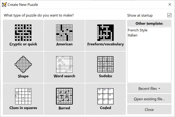Interfejs programu do tworzenia krzyżówek. Wybór typu łamigłówki, np. "Cryptic or quick", "American", "Freeform/vocabulary", "Shape", "Word search", "Sudoku", "Clues in squares", "Barred", "Coded". Pokazuje, jak działają algorytmy w generatorach krzyżó...