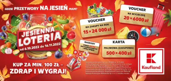 Jesienna loteria Kaufland: kup za min. 100 zł, zdrap i wygraj! Sprawdź kod na jesiennaloteriakaufland.pl.