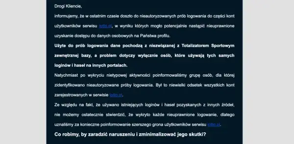 Fragment tekstu informujący o nieautoryzowanych próbach logowania do serwisu lotto.pl.