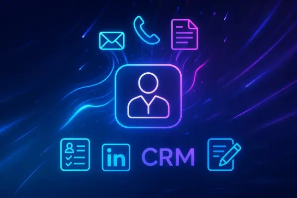 Loteria na targach branżowych to skuteczny sposób na pozyskanie leadów B2B. Ikony kontaktu, CRM i LinkedIn.